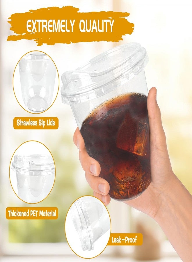 Foxtell 100 Pcs 16 Oz Clear Plastic Cups with Strawless Sip Lids Disposable Round Bottom Togo Cups for Iced Coffee Smoothie Beverage Cold Drinks Disposable Iced Coffee Cups for Party Catering BBQ - Image 3